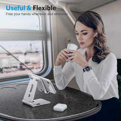 OMOTON Foldable Cell Phone Stand, C4 Portable Aluminum Phone Holder, Adjustable Phone Dock Cradle Compatible with iPhone 17/16/15 Pro Max Air, Samsung Galaxy, Small Tablets, All Smart Phones, Silver
