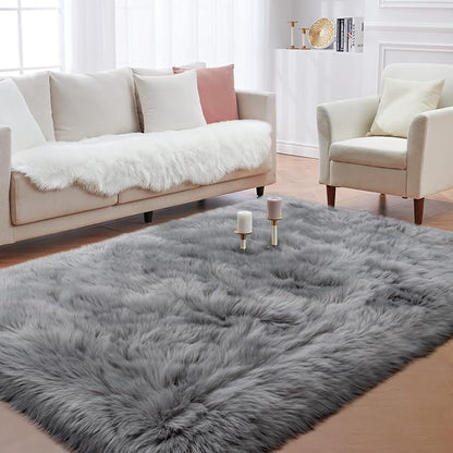 Faux Fur Area Rug, Grey Fluffy Rugs for Bedroom Living Room, 4'x6' Soft Shaggy Fuzzy Rug for Nursery, Indoor Plush Gray Floor Carpets for Kids Girls Boys Teen Dorm, Cute Home Decor, Rectangle