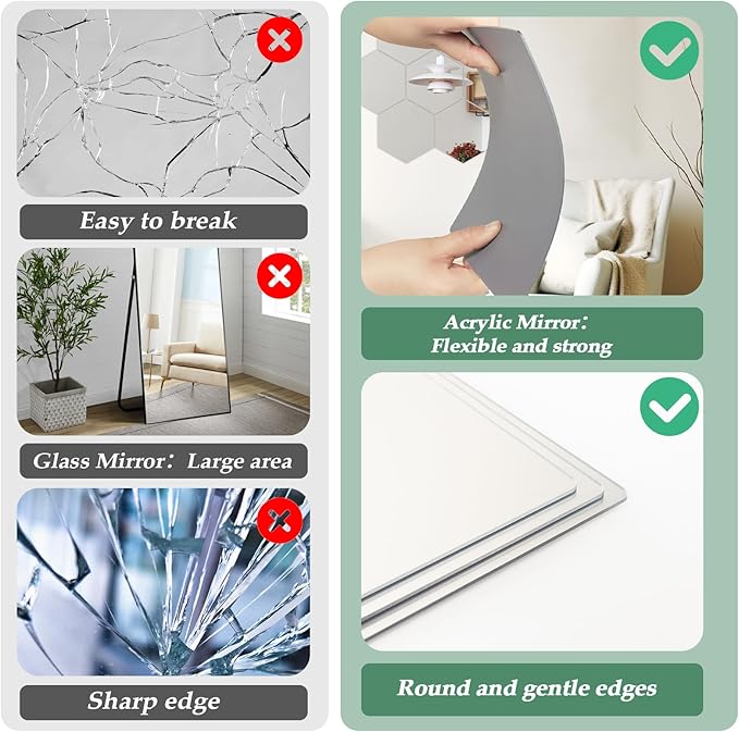 Abyssaly 4 Pack Acrylic Mirror Stickers 11.8" x 11.8", 3D Hexagon Flexible Plastic Mirror Tiles for Wall, Frameless Non-Glass Full Length Stick on Espejos Wall Tile Sheets for Bedroom Home Gym Door