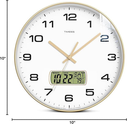 Wall Clock, 10" Dial Non-Ticking Silent Battery Operated Analog with LCD Display for Perpetual Calendar and F° Temperature, Ideal Modern Home, Bedroom, Kitchen, Office Decor (Gold)