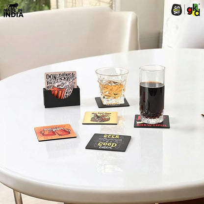 GKD Wooden Coasters for Drinks, Motivational MDF Wooden Coasters Set of 6 with Holder, 3.8 inches Eco-Friendly Absorbent Coaster for Coffee Table, Office, Bar, Drinking Glasses, Tabletop Protection