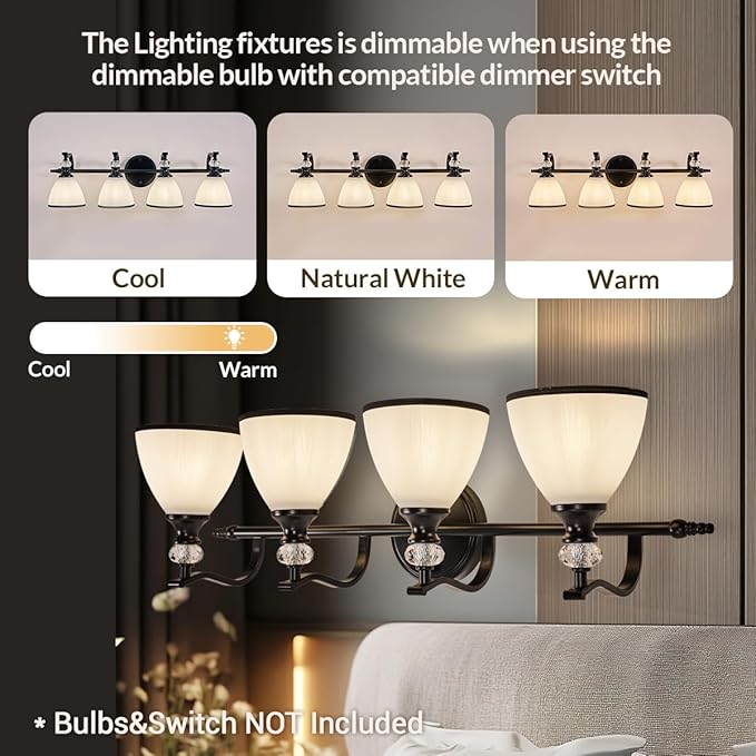 ANDY STAR Vintage Bathroom Light Fixture, 4-Light Vanity Lights, 28 inch Farmhouse Wall Sconces, Black Wall Lamp with Milky Glass, Well-Made Bathroom Lighting Fixtures Over Mirror for Living Room