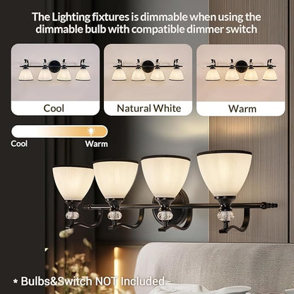 ANDY STAR Vintage Bathroom Light Fixture, 4-Light Vanity Lights, 28 inch Farmhouse Wall Sconces, Black Wall Lamp with Milky Glass, Well-Made Bathroom Lighting Fixtures Over Mirror for Living Room