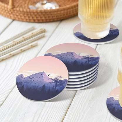 6 Pcs Ceramic Coasters with Holder Absorbent Drink Round Mountains Sunset Design for Home Table Coffee Cup Wine Beer Bar,Size 4.4 inches