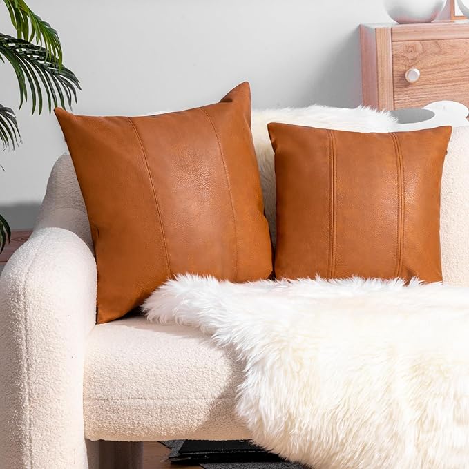 Faux Leather Throw Pillow Covers 20X20 Inch Set of 2 Brown Outdoor Modern Farmhouse Solid Decorative Pillow Covers for Room Couch Living Bedroom Bed Sofa(No Filling Material