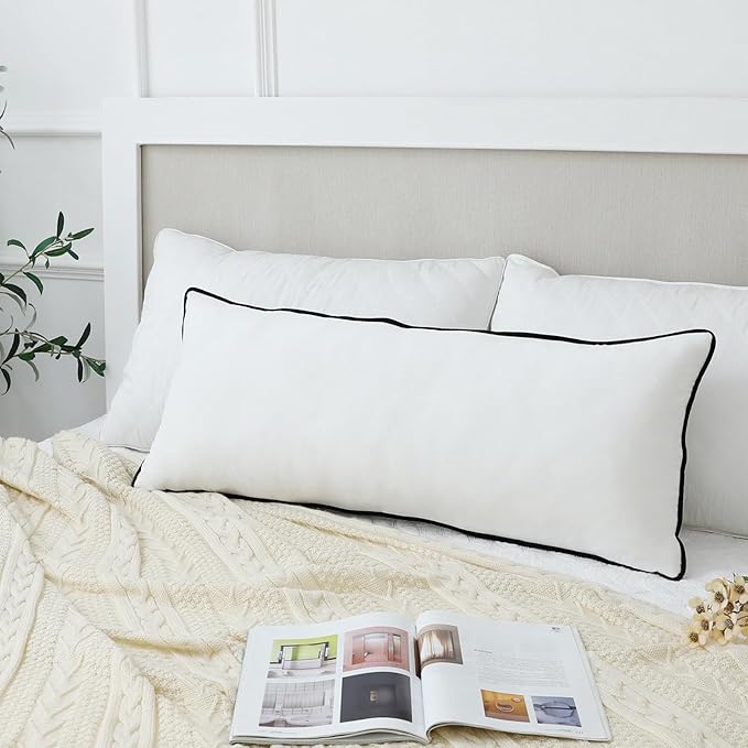 LIGICKY Long Lumbar Pillow Cover 16x36 inch White Velvet Black Rope Edging Throw Pillow Covers Decorative Rectangular Body Pillow Case Accent Textured Cushion Cover for Bed Couch(Cover Only)