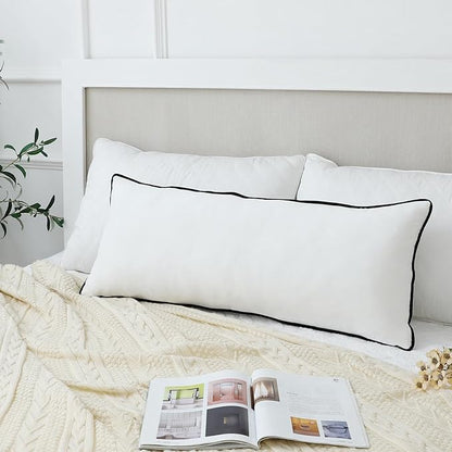 LIGICKY Long Lumbar Pillow Cover 16x36 inch White Velvet Black Rope Edging Throw Pillow Covers Decorative Rectangular Body Pillow Case Accent Textured Cushion Cover for Bed Couch(Cover Only)