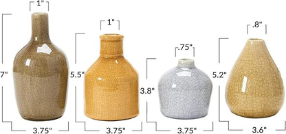 Creative Co-Op Stoneware Bud Vases in Crackle Glaze, Grey/Mustard Tones, Set of 4
