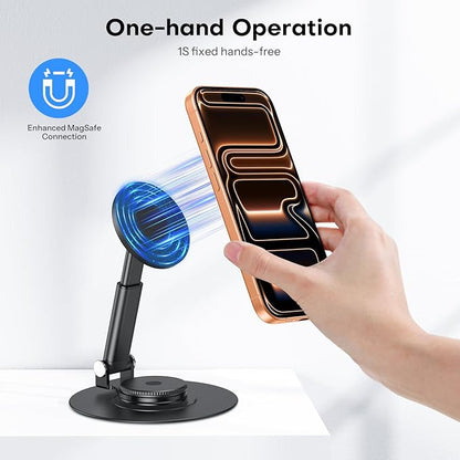 OMOTON 360° Rotating MS05 Magnetic Phone Stand for MagSafe, [Height Adjustable] Cell Phone Stand for Desk with Non-Slip Base, Office Desk Accessories for iPhone 17/16/15/14 Pro Max Air, Black