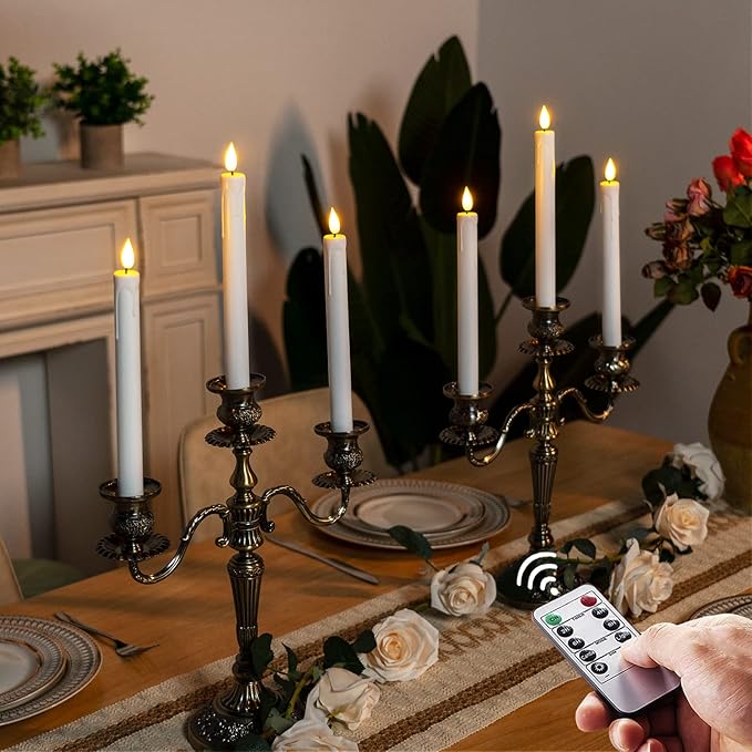 Homemory 3 Pcs Flameless Taper Candles with Remote Timer Dimmer, 9.6" White Flickering Candlesticks Battery Operated, Realistic Plastic LED Candles for Fireplace Wedding Seasonal Indoor Decorations