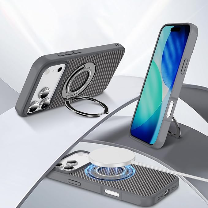 Mag-Stand Carbon Fiber Case for iPhone 17 Pro Max, 360° Rotate Magnetic Stand, Compatible with MagSafe, 15FT Military Protection, Slim Shockproof Magnetic Kickstand Mag Phone Case for Men Women