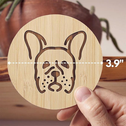 Set of 6 Bamboo Laser-Engraved Fun Dog Coasters with Iron Holder - Gift Packaging 3.9 Inch Non-Stick Absorbent Durable and Unbreakable Wooden Cup Coasters for Dog Lovers (French Bulldog)