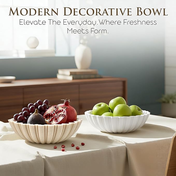 Modern Decorative Bowl for Home Decor - 10.6" Large Beige Resin & Sandstone Centerpiece Bowl for Entryway Table, Coffee Table, Kitchen Counter or Serving Fruit, Keys, Candy