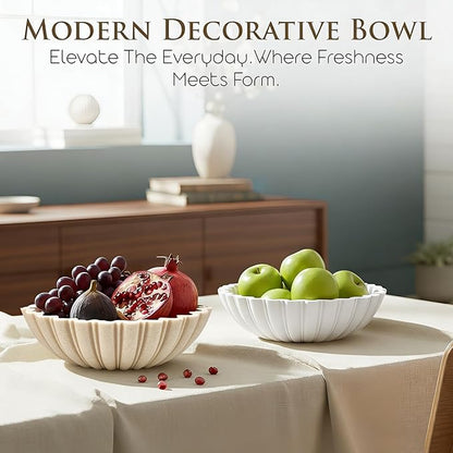 Modern Decorative Bowl for Home Decor - 10.6" Large Beige Resin & Sandstone Centerpiece Bowl for Entryway Table, Coffee Table, Kitchen Counter or Serving Fruit, Keys, Candy