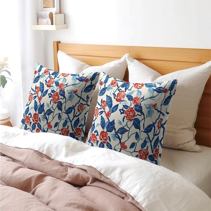 Valentines Day Pillow Covers 24x24 Set of 2 Blue Red Floral Throw Pillow Covers Flower Pillowcase Linen Decoration Farmhouse Holiday Cozy Soft Cushion Case Couch for Indoor Outdoor Home Decor