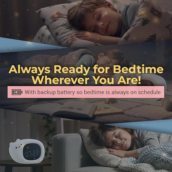 App-Controlled Kids Sleep Trainer - Color-Changing Night Light Alarm Clock with Sounds, OK-to-Wake Toddler Clock, USB-C Corded with Backup Battery, Gift for Boys & Girls - Cat Alarm Clock for Kids