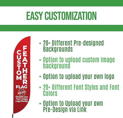 Custom Feather Flag(8.2x1.6ft) by BCB Print for Business Outdoor | Optional 8.2Ft Pole & Ground Spike | DIY Swooper Flag Banner | HD Printed Custom Sign | Express Dispatch & Ship | Made in USA