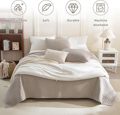 Sanracie Stonewashed Cotton Coverlet Oversized King(102"x118"), Linen Colored Cross Stitch Pattern Quilt Sets 3Pcs Ultra Soft Lightweight Crinkle Bed Coverlet Set for All Season