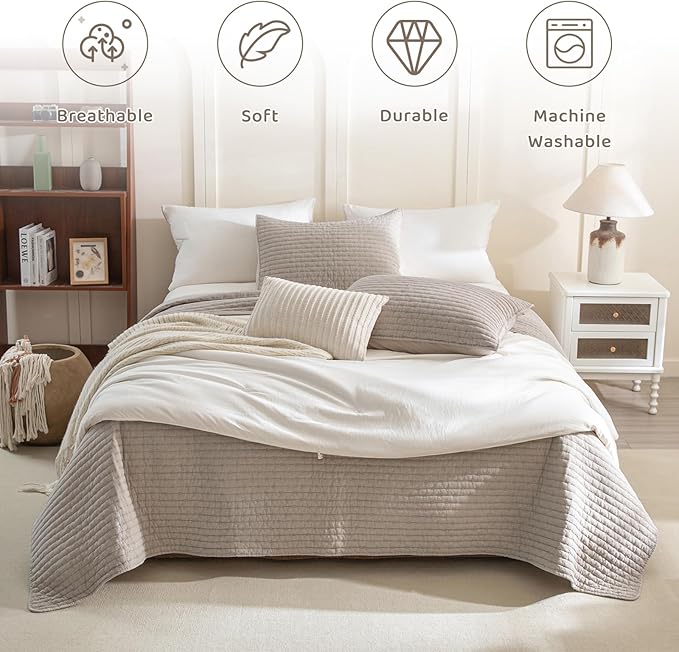Sanracie Cotton Quilt Set King Size(110"x98"), Linen Colored Ultra Soft Stonewashed Crinkle Quilt Bedspread Set 3Pcs Cross Stitch Pattern Lightweight Breathable Bed Coverlet Set for All Season