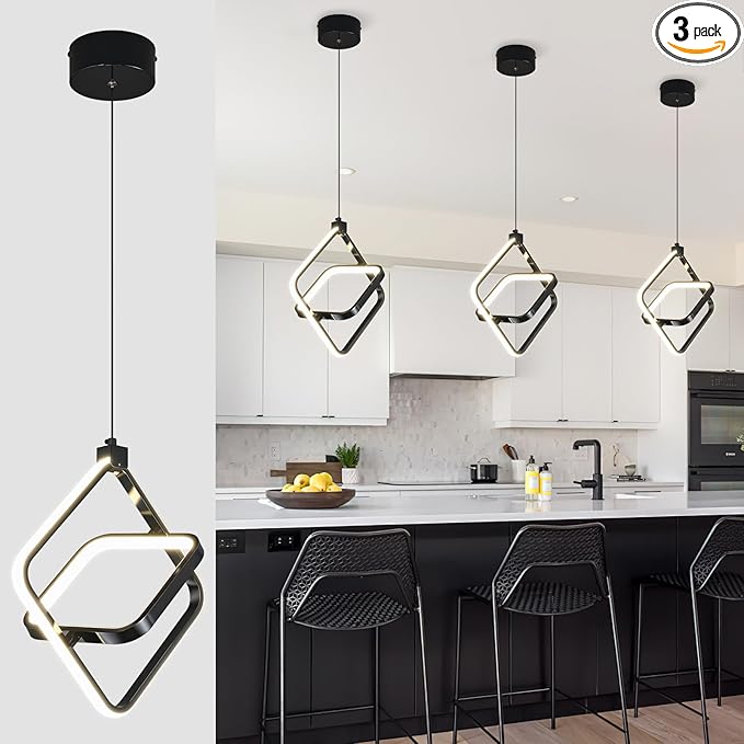 Modern LED Pendant Lights Plated Black Rectangular Pendant Light Fixtures 4000K 20W Dimmable Pendant Lighting for Dining Room Kitchen Island Bedroom Living Room Foyer（3-Pack）