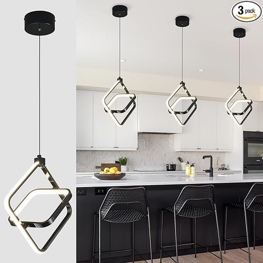 Modern LED Pendant Lights Plated Black Rectangular Pendant Light Fixtures 4000K 20W Dimmable Pendant Lighting for Dining Room Kitchen Island Bedroom Living Room Foyer（3-Pack）