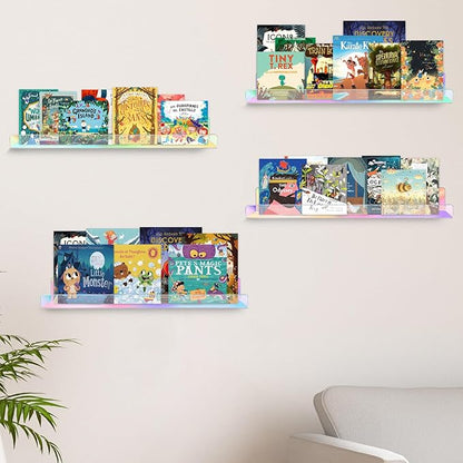 Dezzer 4 Pack Acrylic Shelves for Wall, 15" Acrylic Floating Shelves for Bathroom Bedroom, Invisible Bookshelf Wall Ledge Storage Shelf Books Perfume Toys Action Figure Display Shelves, Iridescent