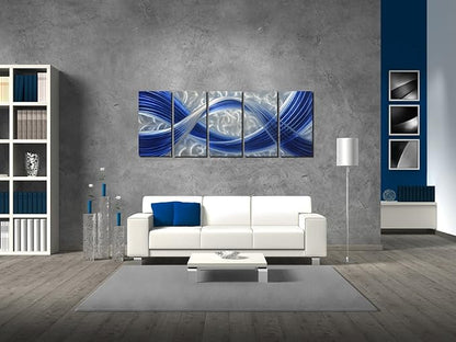 MyArton Metal Wall Sculpture, Aluminum Wall Art, Abstract Metal Wall Art, Dark Blue and Silver, 5-Panels 65" x 24" for Living Room, Bed Room, Dining Room, Kitchen, Office, Indoor and Outdoor