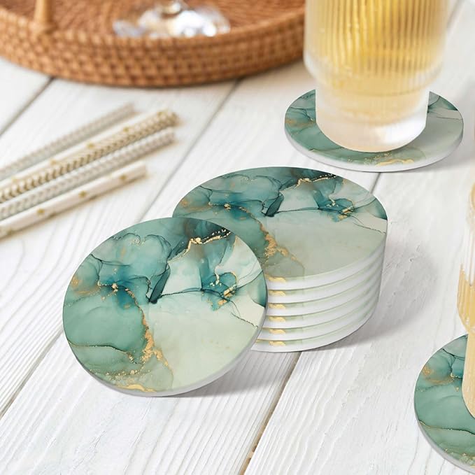 6 Pcs Ceramic Coasters with Holder Absorbent Drink Round Blue Green Jade Texture Marble with Golden Design for Home Table Coffee Cup Wine Beer Bar,Size 4.4 inches