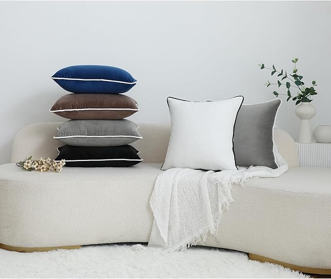 LIGICKY Set of 2 Grey Velvet Throw Pillow Covers Modern Minimalist Style Solid Decorative White Rope Edging Soft Square Cushion Cases for Sofa Bedroom Party Décor, 24 x 24 inch