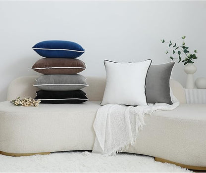 LIGICKY Set of 2 Grey Velvet Throw Pillow Covers Modern Minimalist Style Solid Decorative White Rope Edging Soft Square Cushion Cases for Sofa Bedroom Party Décor, 24 x 24 inch