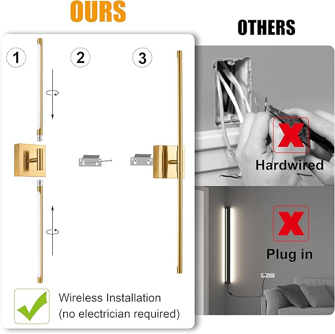 30″ Gold Battery Operated Wall Sconces Set of 2, Dimmable Wall Sconces with Remote Control, Rechargeable Sconces Wall Lighting, LED Wireless Wall Lights for Bedroom, Living Room, Bathroom