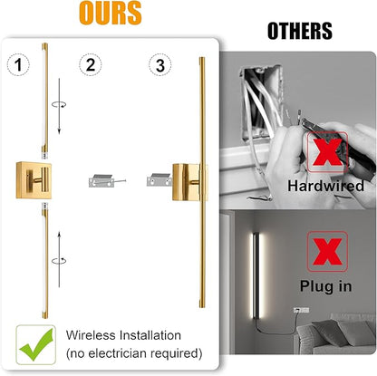 Gold Battery Operated Wall Sconces, Dimmable Wall Sconces with Remote Control, Rechargeable Sconces Wall Lighting, 24″ LED Wireless Wall Lights for Bedroom, Living Room, Bathroom, Hallways