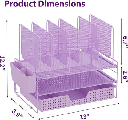 Desk Organizer, Office Organization with Vertical File Holder, File Organizer with Drawer and Pen Holder, Desk Accessories and Workspace Organizers for Home Office (Purple)