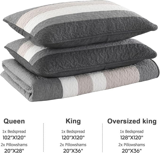 Finlonte 100% Cotton Oversized King Quilt 128"x120", Extra Large Cal King Bedspread, Modern Striped Bed Spreads Coverlet, Lightweight Reversible Yarn Dyed Quilted Bedding, 3 Piece, Gray/White