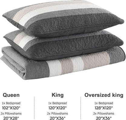 Finlonte 100% Cotton Oversized King Bedspread 120"x120", Extra Large Quilt, Modern Striped Bed Spreads Coverlet, Lightweight Reversible Yarn Dyed Quilted Bedding, 3 Piece, Gray/White