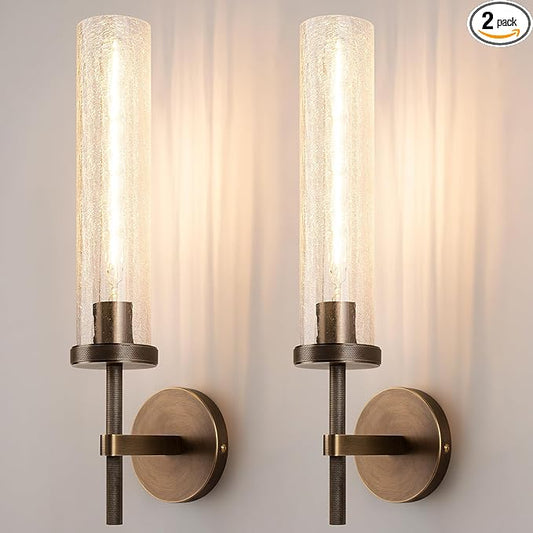 19.5" Knurled Brass Wall Sconces Set of 2, Bronze Bathroom Vanity Light Fixtures with Crackle Glass Tube, Modern Lamp Lighting for Bedroom, Living Room, Hallway, Staircase, Mirror, Kitchen