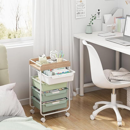 Rolling Storage Utility Cart With 4 Drawers,Kids Craft Art Cart,Makeup Organizer And Storage with Wooden Tabletop,Green