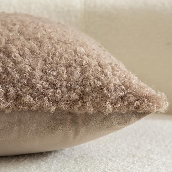 Yaertun Pack of 2 Faux Fur Throw Pillow Covers Decorative Sherpa Boucle Pillow Covers Fuzzy Soft Pillowcases Sheepskin Fleece Cushion Case for Couch Sofa Bed Living Room 18x18 Inch Khaki
