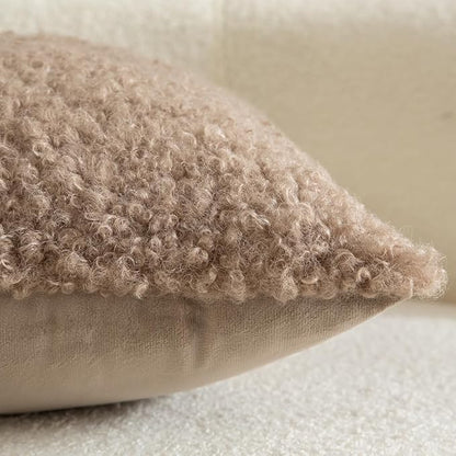 Yaertun Pack of 2 Faux Fur Throw Pillow Covers Decorative Sherpa Boucle Pillow Covers Fuzzy Soft Pillowcases Sheepskin Fleece Cushion Case for Couch Sofa Bed Living Room 22x22 Inch Khaki