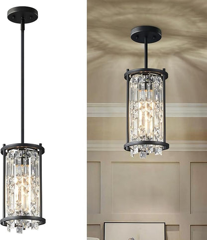 LMQNINE Modern Black Pendant Light Fixtures for Kitchen Island, Crystal Chandelier Lights Fixture, Adjustable Farmhouse Pendant Lighting for Dining Room Bedroom (Round 1-Light)