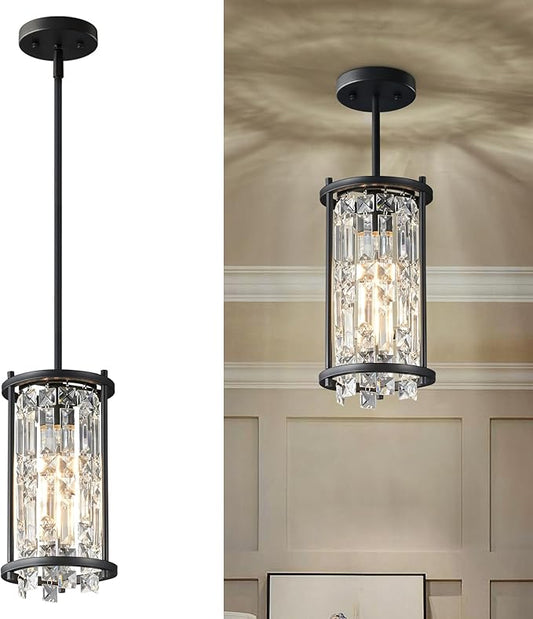 Modern Black Crystal Pendant Light – Adjustable Farmhouse Chandelier for Kitchen Island & Dining Room