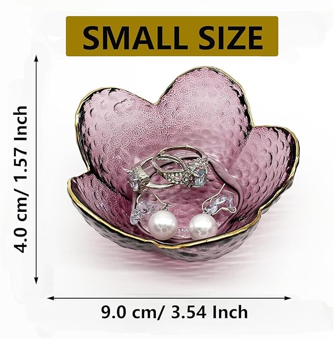 Purple Glass Jewelry Dish Tray, Birthday Gifts for Mom, Crystal Ring Holder for Women, Small Flower Ring Dish Jewlery Plate, Engagement Trinket Jewelry Tray, Nightstand Decor Jewerly Bowl