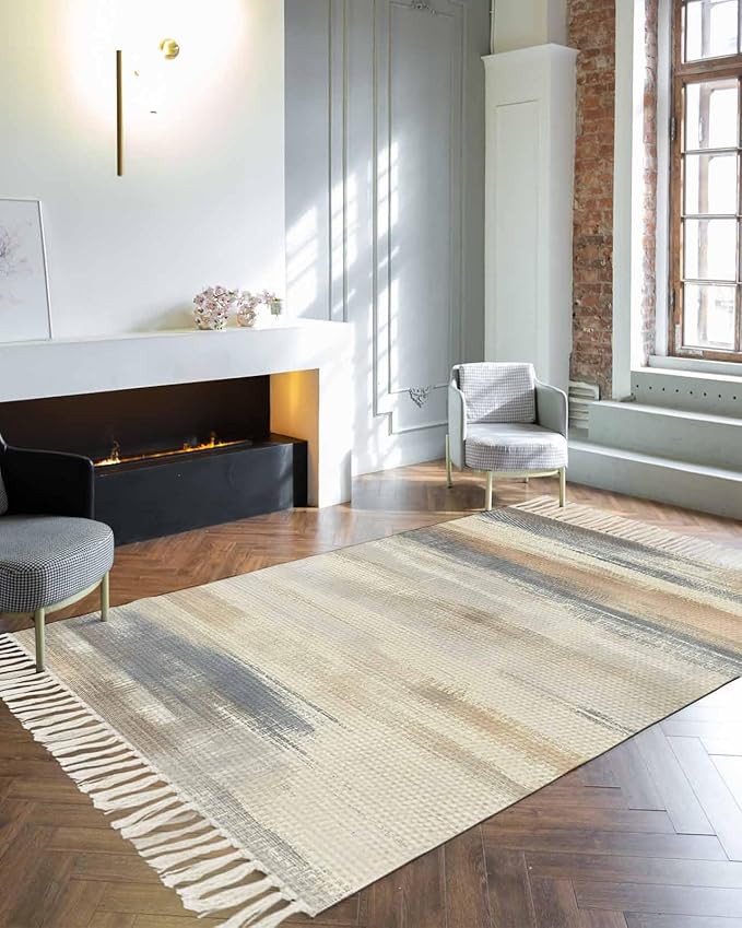 Beige Gray Brown Large Runner Rug 4X6 Ft Living Room Area Rug, Washable Woven Abstract Ombre Art Throw Carpet with Tassel, Non-Shedding Vintage Minimalist Gradient Aesthetic Bedroom Office Carpets