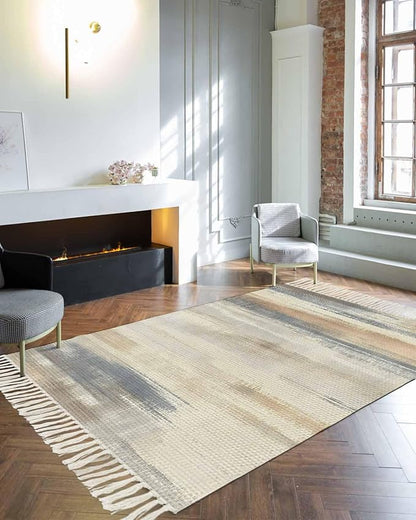 Beige Gray Brown Large Runner Rug 4X6 Ft Living Room Area Rug, Washable Woven Abstract Ombre Art Throw Carpet with Tassel, Non-Shedding Vintage Minimalist Gradient Aesthetic Bedroom Office Carpets