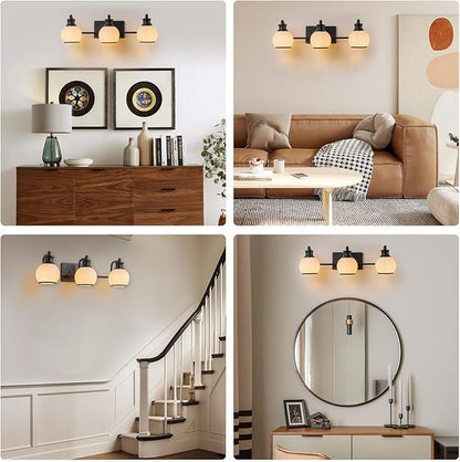 3 Light Modern Bathroom Light Fixtures Over Mirror (LED Bulbs Included), Black Vanity Lights for Bathroom Wall Sconces with Milky White Globe Glass Shades