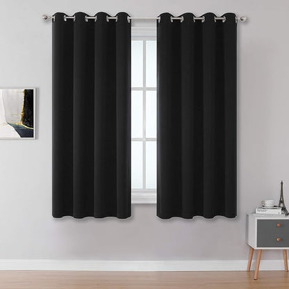 DUALIFE Black Curtains 45 Inch Length - Black Out Thermal Insulated Grommet Drapes for Office Small Windows 52x45 Inches Long Set of 2 Panels