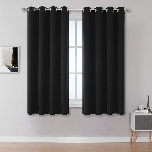 DUALIFE Black Curtains 45 Inch Length - Black Out Thermal Insulated Grommet Drapes for Office Small Windows 52x45 Inches Long Set of 2 Panels
