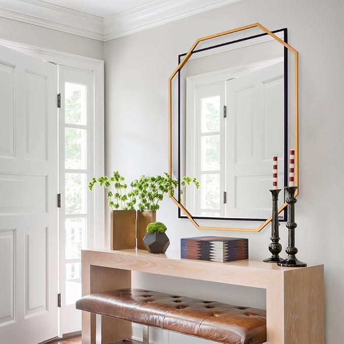 48.5"x32.5" Large Bathroom Mirror, Black and Gold Living Room Wall Mirror, with Decorative Metal Frame, Dining Room, Entryway