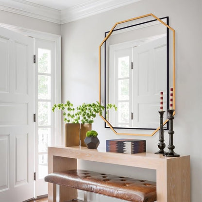 48.5"x32.5" Large Bathroom Mirror, Black and Gold Living Room Wall Mirror, with Decorative Metal Frame, Dining Room, Entryway