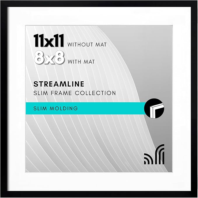 Americanflat 11x11 Picture Frame with Shatter-Resistant Glass - Use as 8x8 Frame with Mat or Display 11x11 Photo Without Mat - Streamline Collection - Thin Border Square Frames for Wall - Black